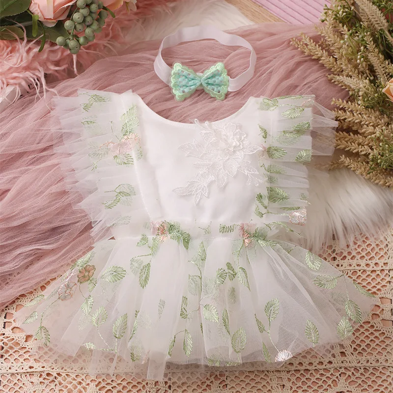 Ylsteed 2 Pieces Set Embroidery Floral Newborn Photography Outfits Girl with Headband Baby Photography Props