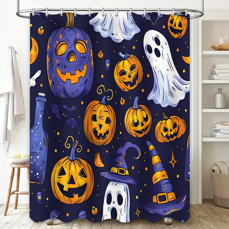 Halloween-themed shower curtain with pumpkin lanterns, ghosts, and witches hats waterproof fabric for bathroom decor