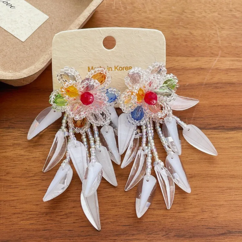 

Minar Exaggerated Multicolor Glass Miyuki Beads Resin Flowers Tassel Long Drop Earrings for Women Copper Alloy Holiday Jewelry