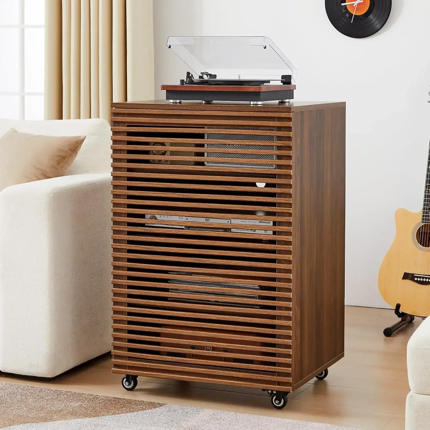 5-Tier AV Media Cabinet with Grille Door & Adjustable Shelves, Modern Wooden Stereo Rack with Cable Management & Wheels, Audio V