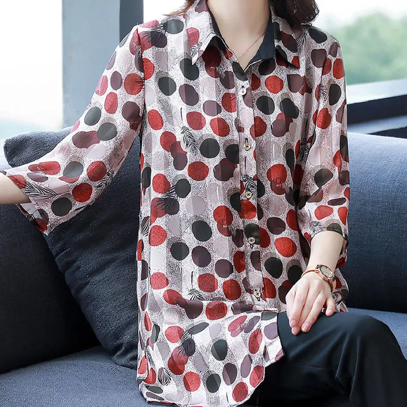 Office Lady Stylish Polka Dot Printed Shirt Casual Half Sleeve Women\'s Clothing Single-breasted Summer Korean Loose Midi Blouse