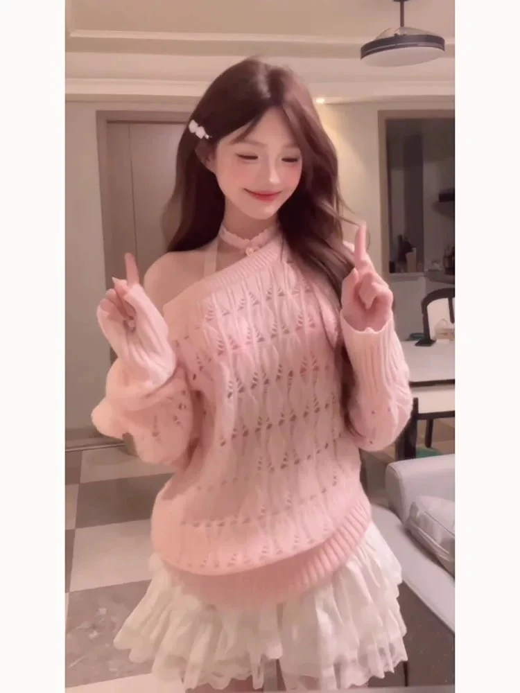 Pink Pullover Sweet Japanese Autumn Winter Chic Outfits Korean Fashion Knitted Sweater Women Sexy Elegant Vintage Y2k Clothing