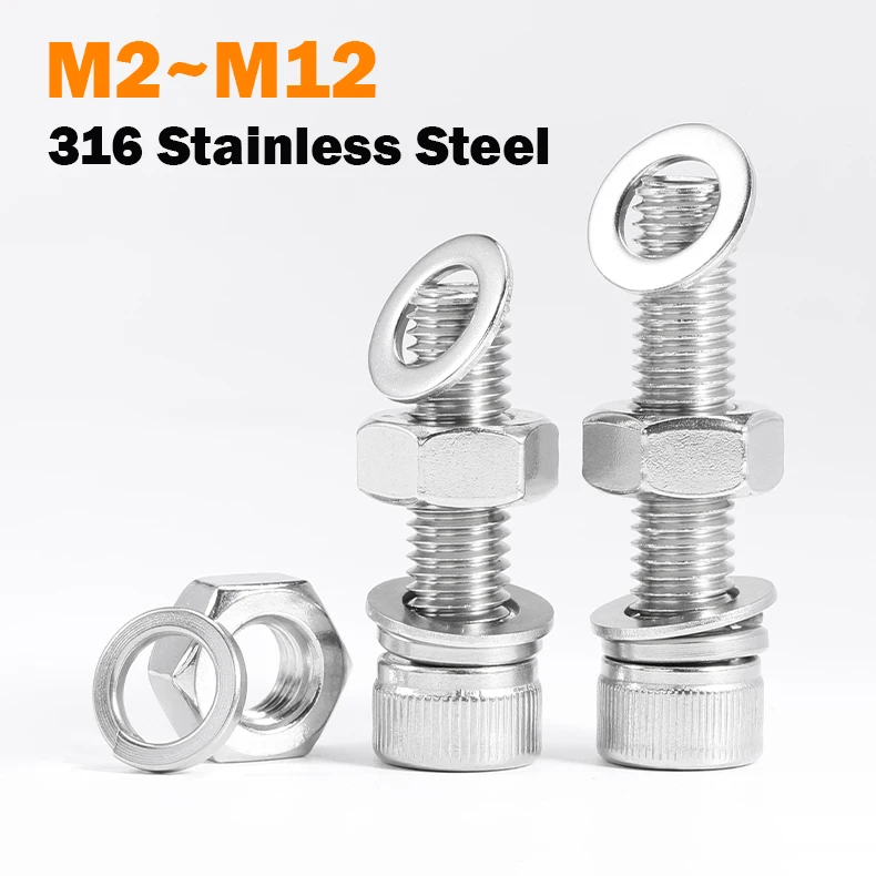 Hex Socket Head Cap Screw Nuts with Washers Sets M2 M2.5 M3 M4 M5 M6 M8 M10 M12 Stainless Steel Allen Head Bolts and Nuts Kits