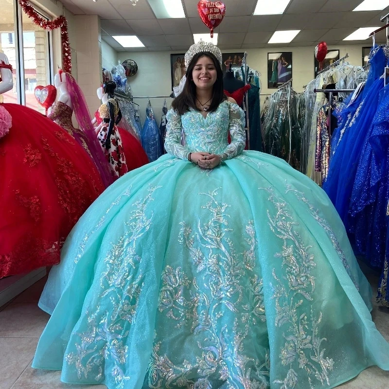 

Aqua Blue Quinceanera Dress 2024 Mexican Vestidos De 15 Princess Sweet 16 Birthday XV Ball Gown Long Sleeved Cinderella Girl