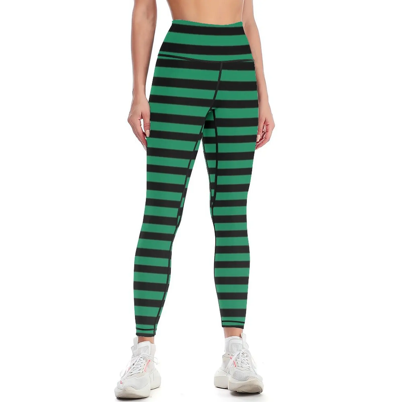 Halloween Stripes - Black and Green - Classic striped pattern by Cecca Designs Leggings gym womans Womens Leggings