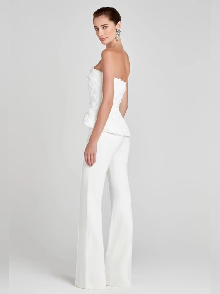 2025 Set da donna invernale sexy senza spalline fiore bianco due pezzi pantaloni fasciatura set celebrità designer moda donna