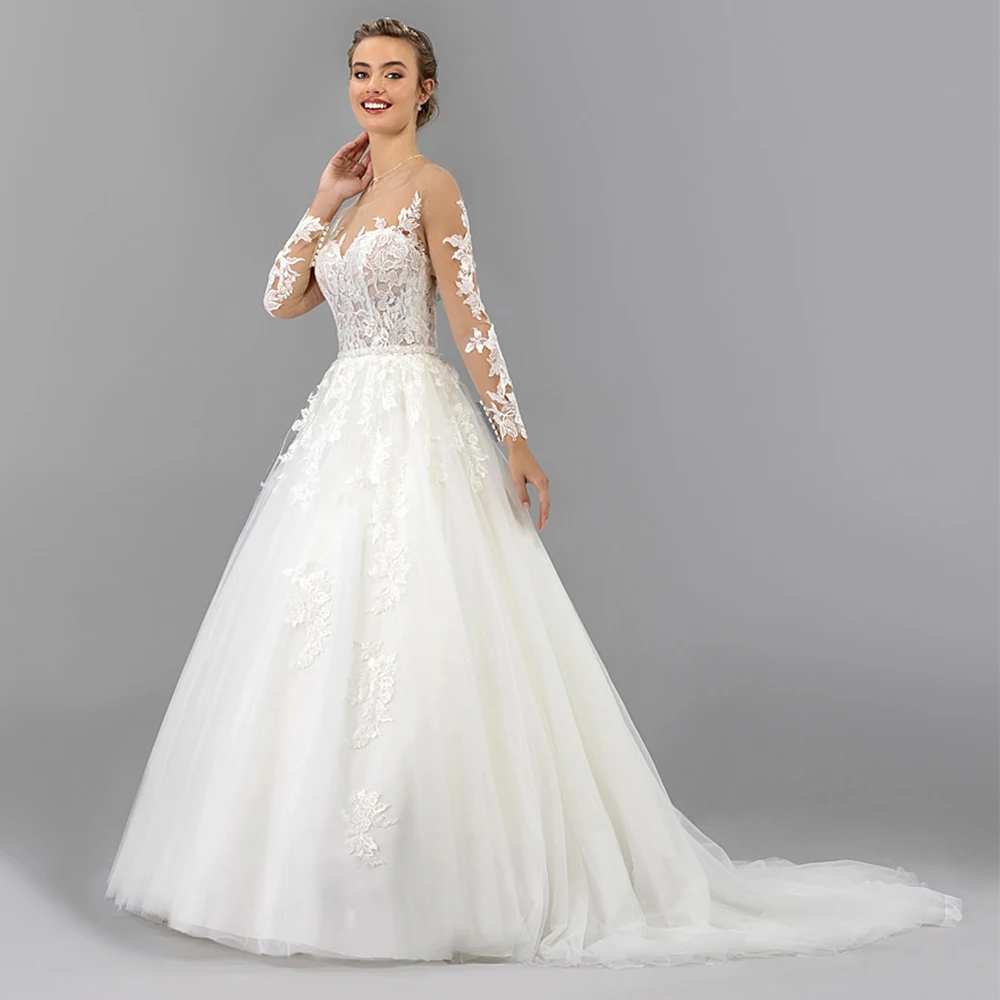 Welove Illusion Tulle Wedding Dress Classic A-Line Floor Length with Applique Bridal Long Sleeves Scoop Neck Belt Gowns Robe