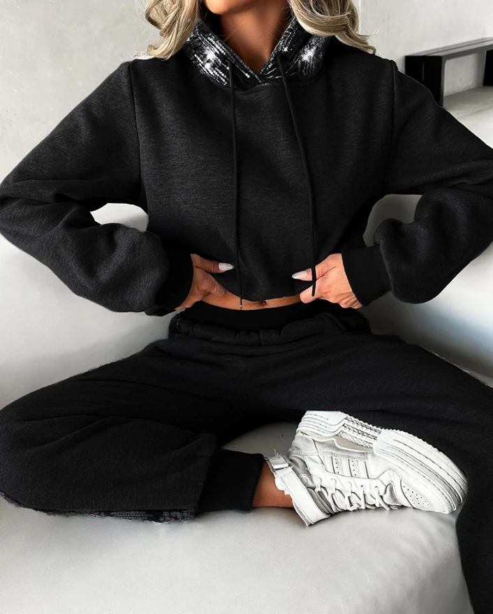 Women's Urban Fashion Tracksuit 2025 Autumn Winter Latest Contrast Sequin Long Sleeved Hooded Sweatshirt & Pocket Sweatpants Set