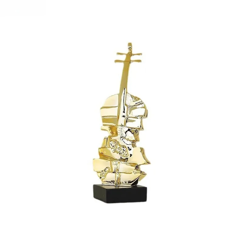Creative Golden Violin Sculpture Artwork Desk Decoration Ornaments Resin Crafts Stacked Violin Statue Room Aesthetic Decor