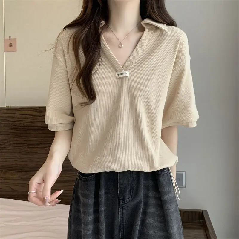 Women Summer Simplicity Loose Solid Color V-neck Short Sleeve T-Shirt Women Clothes Casual All-match Appear Thin Trend Top Tee