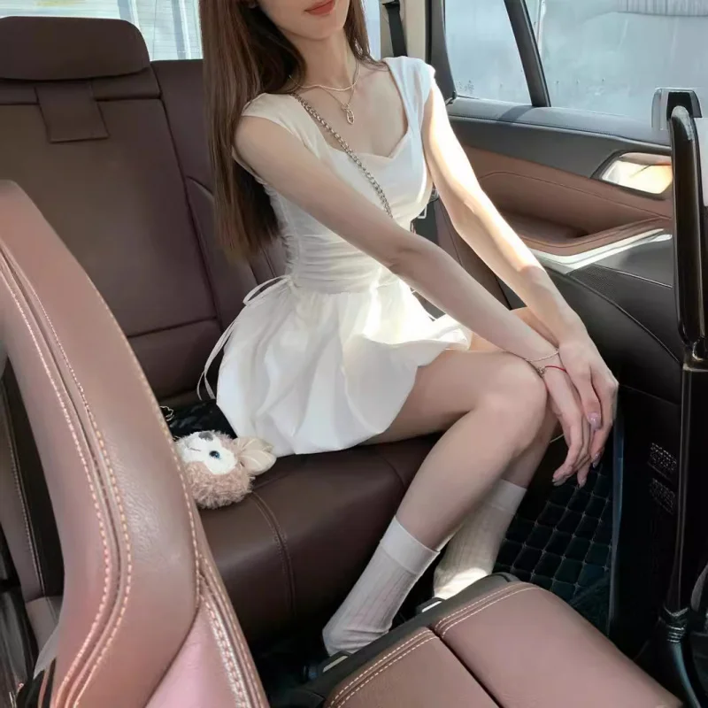 الباليه نمط ساحة الرقبة الرباط التعادل نفخة فستان صيف جديد فتاة حلوة الخصر مقصوص سترة فستان قصير