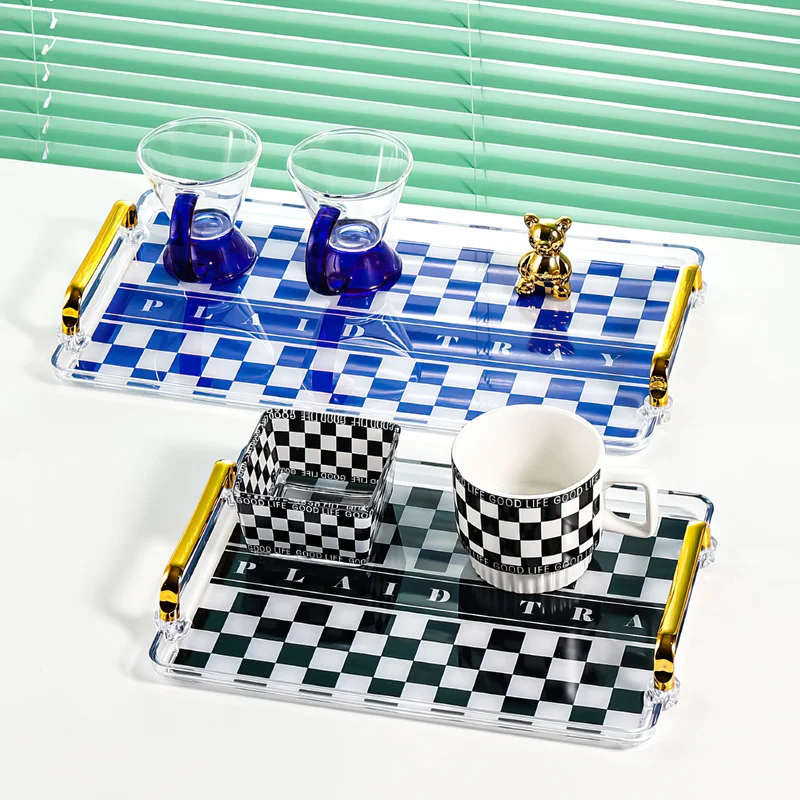 

Nordic Plastic Light Luxury Tray Creative Transparent Checkerboard Lattice Storage Tray Tea Cup Waterware Storage Fruit Plate