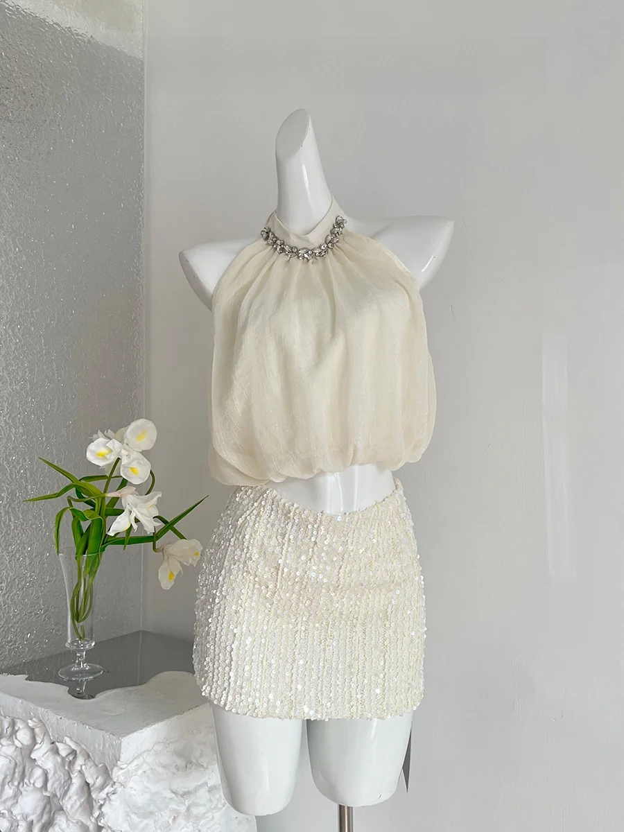 

LUCKYMAN Design Summer 2026 Elegant Sister Feel Neck Hanging Strap Dress Two-Piece Set Polyester Fiber 100% Student Uniform