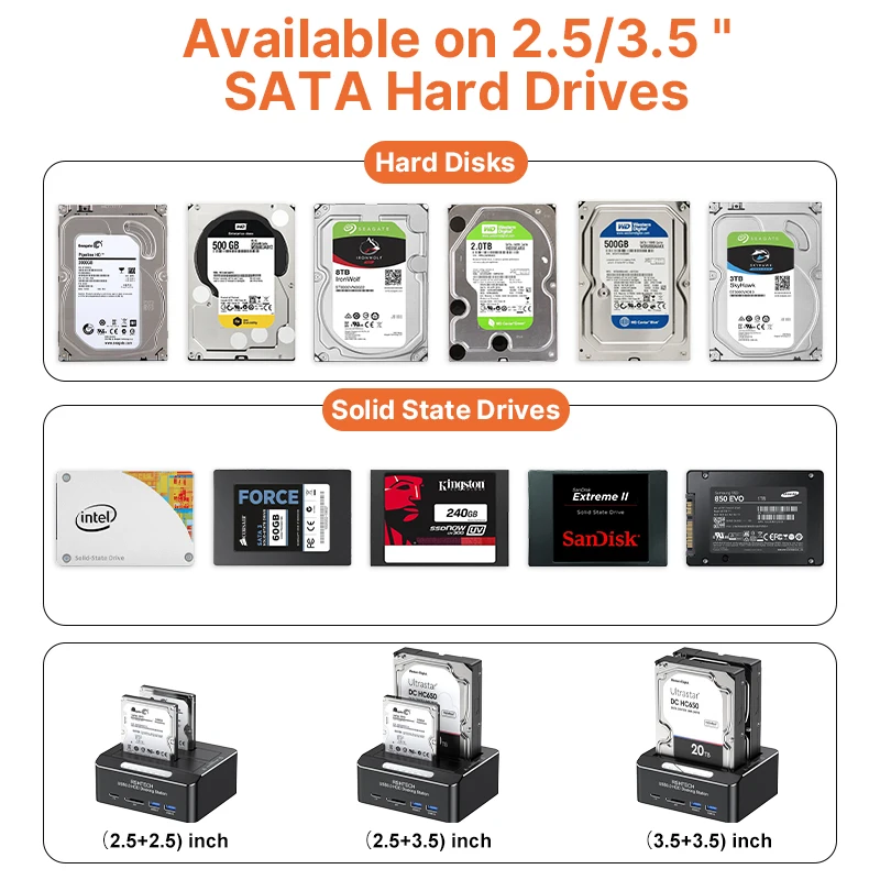 RSHTECH stasiun Dok Hard Drive, perangkat keras SATA ke USB 3.0 Dual Bay Adapter Dengan SD/TF untuk 2.5/3.5 "SSD HDD Offline closure