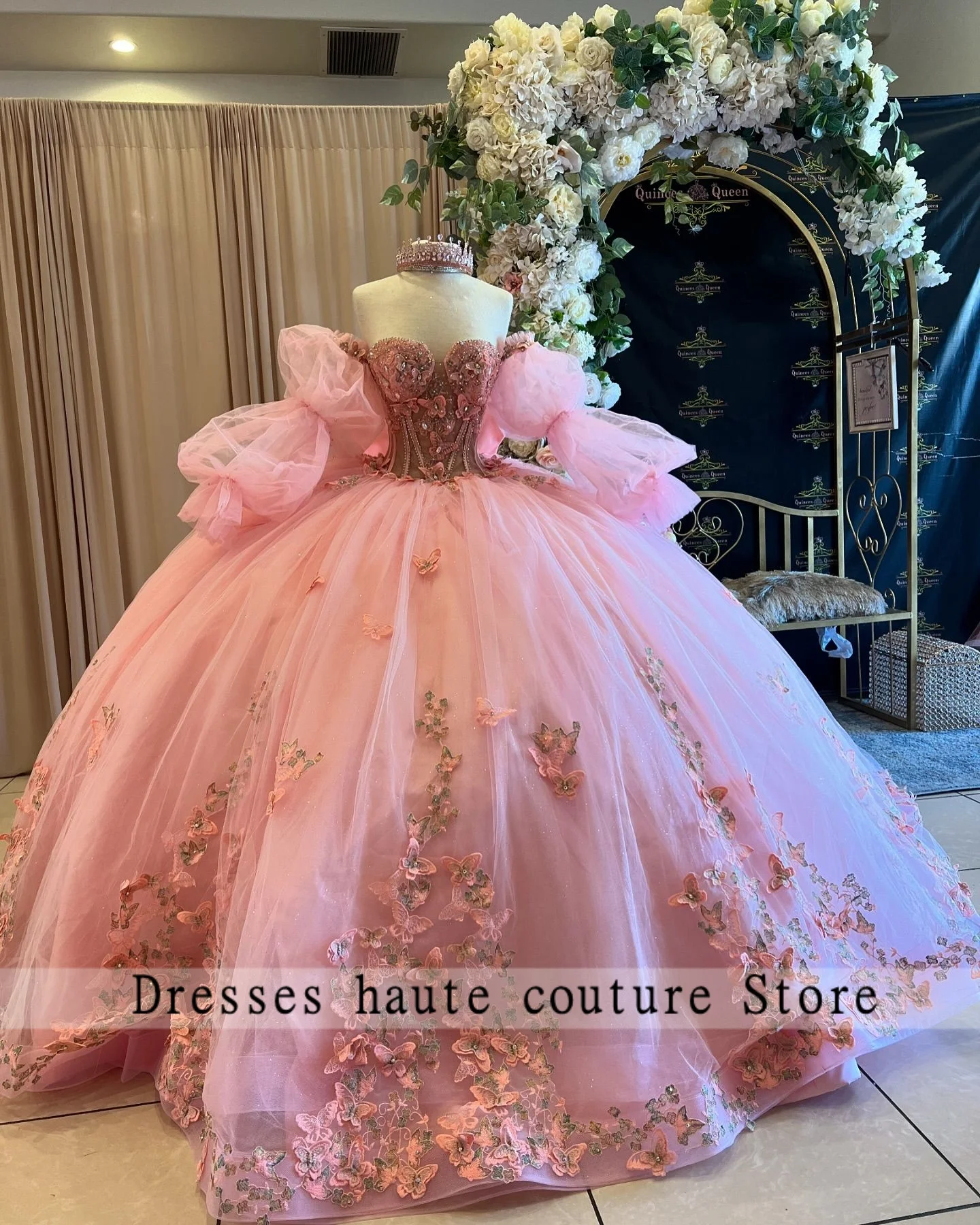 Mexico Roze 3D Bloem Quinceanera Jurken 2025, Lange Mouwen Strik Baljurk Verjaardag Jurk Sweet 16-jurk Lace-Up Aangepast