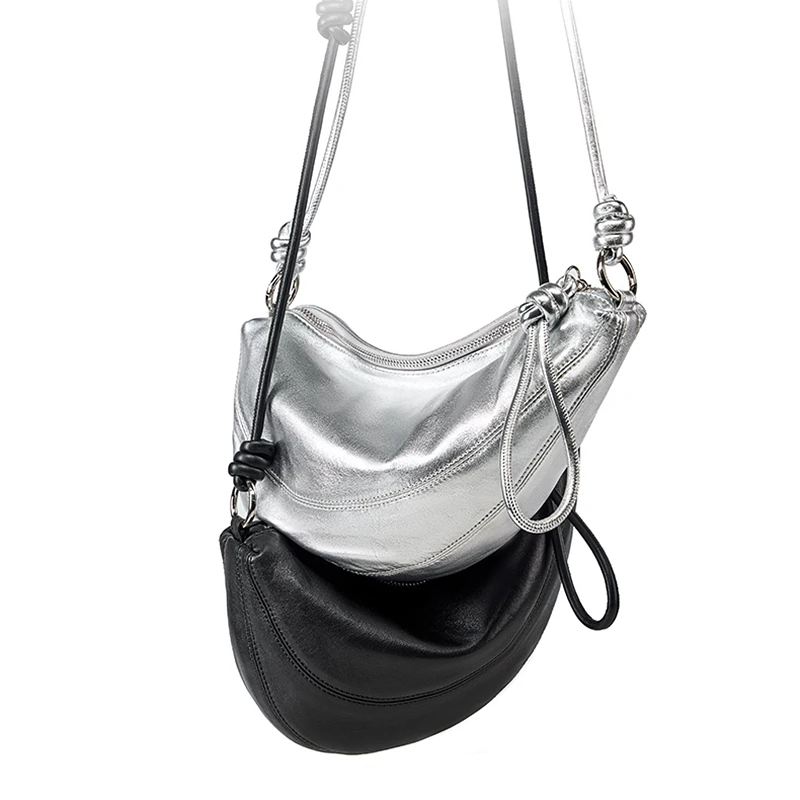 Burminsa kożuch prawdziwej skóry Hobo torby na ramię Crossbody dla kobiet 2024 Trend projektant półksiężyc srebrne torebki damskie