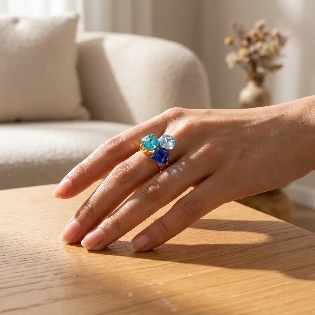 Bague ouverte géométrique en acier inoxydable plaqué or, idéale pour les femmes, avec cristaux colorés et verre, de forme irrégulière, bijou tendance, cadeau parfait.