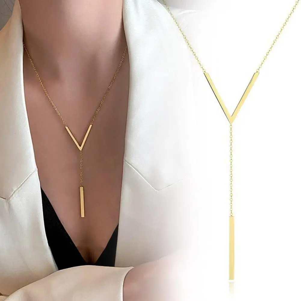 Gold-color Stainless Steel Long Bar Tassel Paragraph Shaped V Necklace Female Necklace Collarbone Style Party Minimalist Ho S1N2