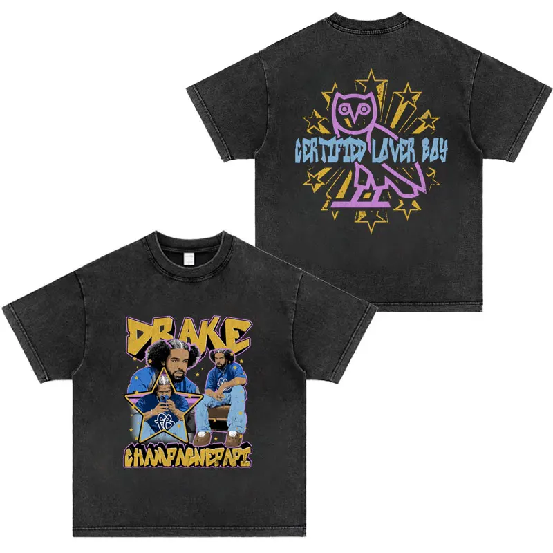 Drake T-Shirt Certified Lover Boy Hip Hop Graphics T Shirts Rapper Streetwear Vintage Wash T-shirts Harajuku Washable Tees Male