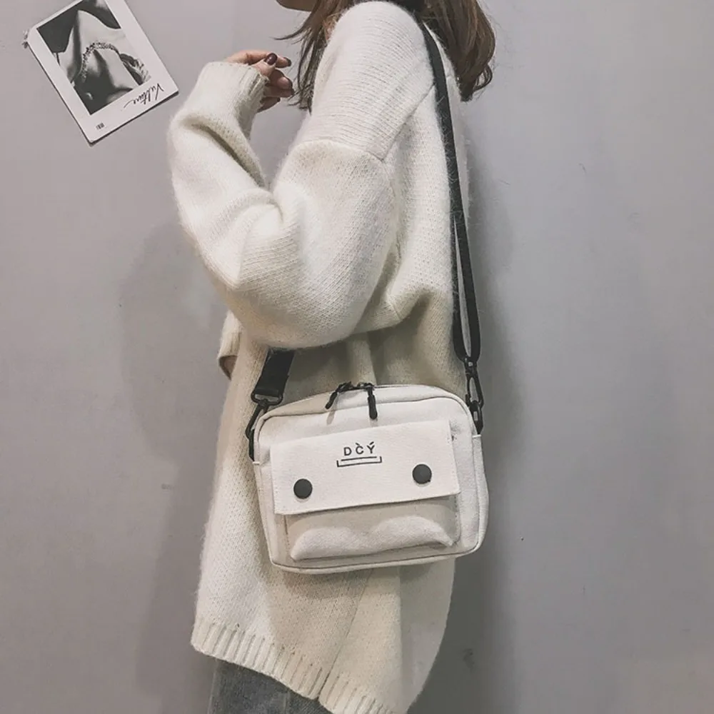 New Canvas Women Handbags Solid Color Button Decoration Shoulder Bag Letter Print Crossbody Bag