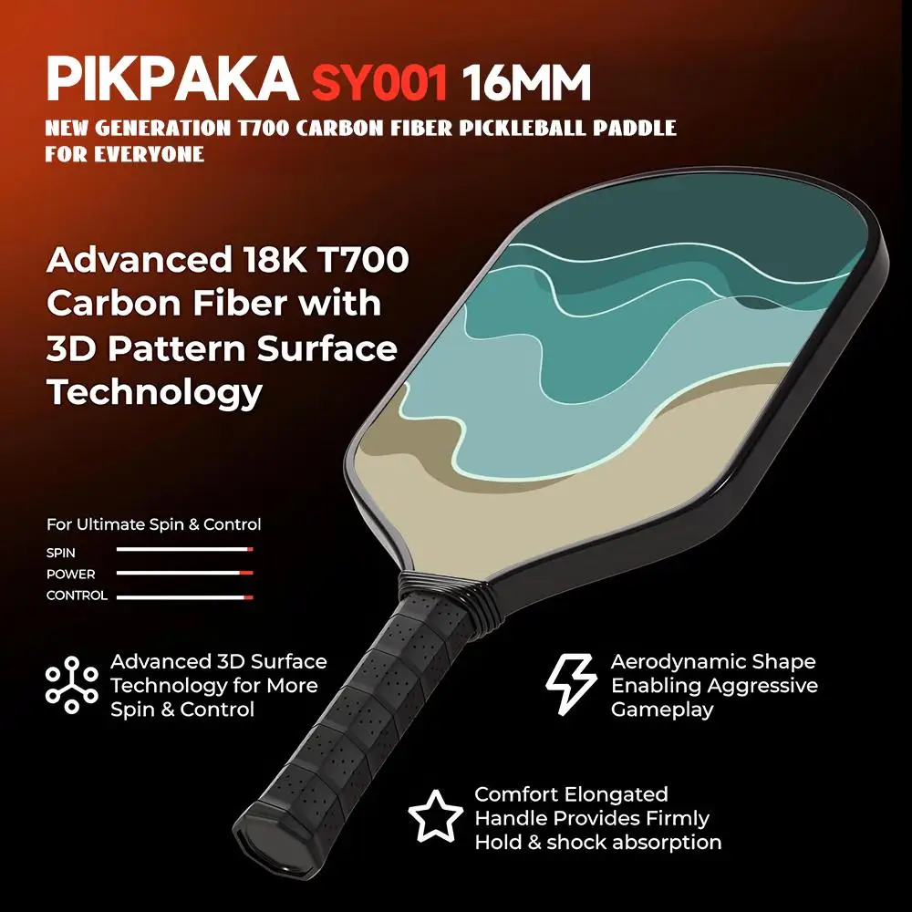 مجموعة مجداف Pickleball المعتمدة من USAPA T700 من ألياف الكربون Unibody مع طاقة أساسية على شكل قرص العسل مقاس 16 مم وموجات بحرية