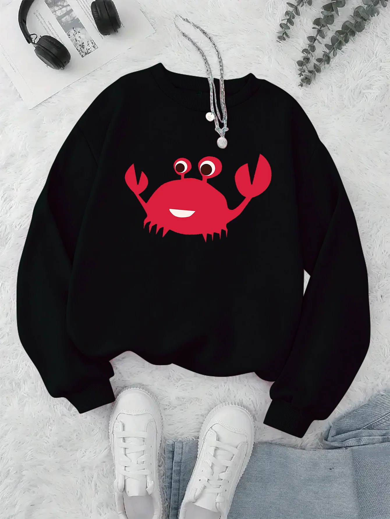 

Женский повседневный свитер с круглым вырезом и принтом «краб», подходит для осенних и зимних сезонов.