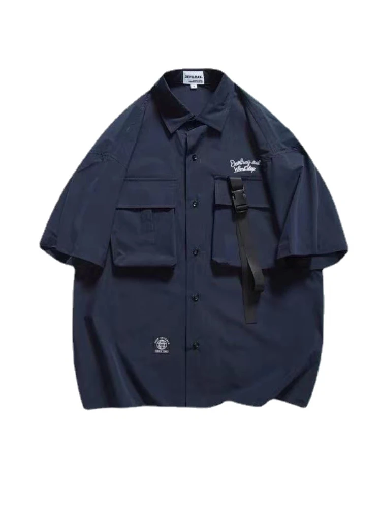 Japanese Vintage Pocket Cargo Shirt Men Fashion Street Loose Short Sleeve Shirt Blue/Black