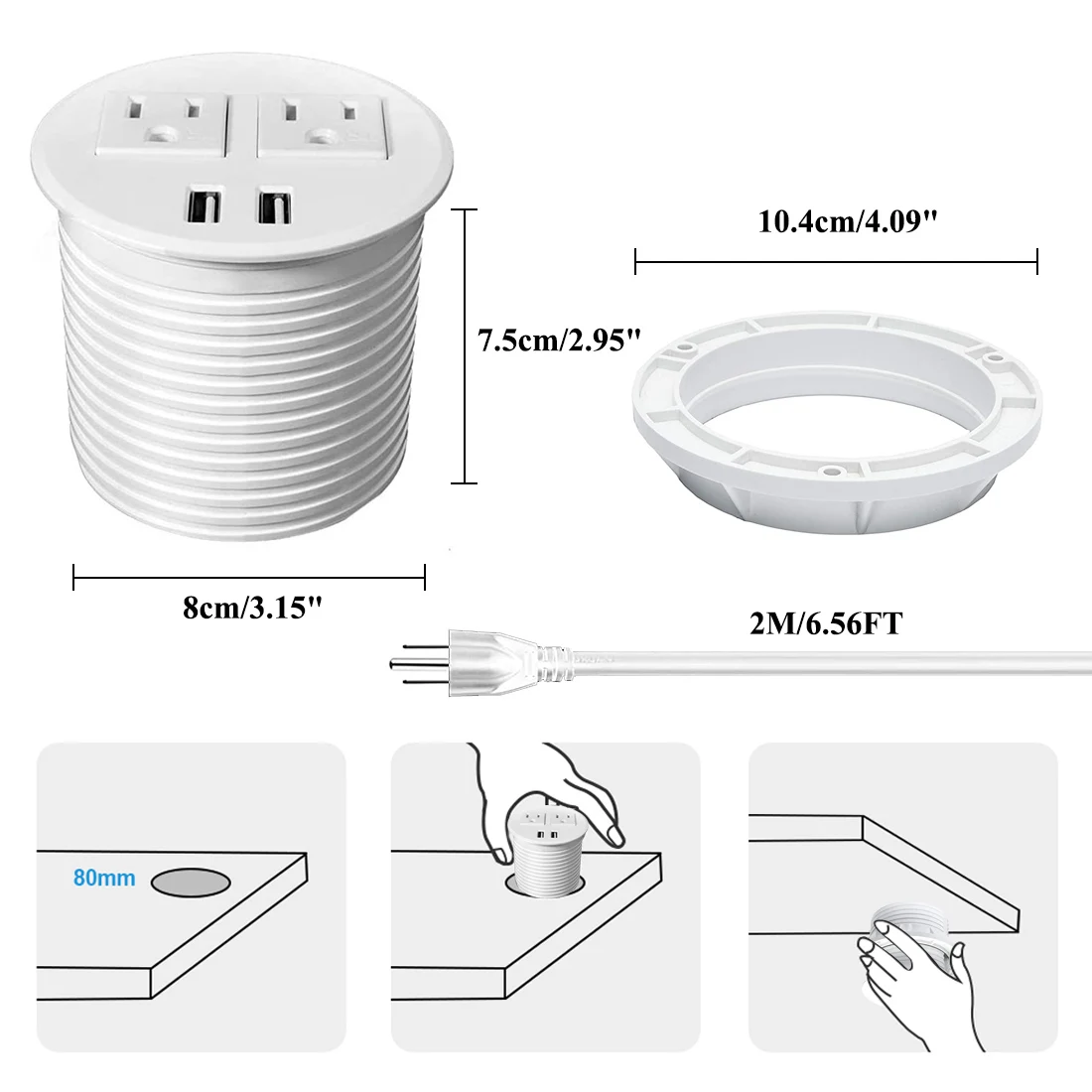 New design Desk Table Recessed Desktop Power Grommet with 2 Plugs & 2 USB Charging Ports with type-c port top swivel cover