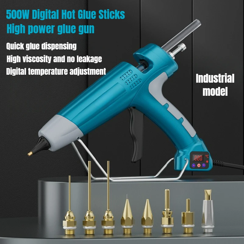 500W Industrial Hot Glue Gun Digital Temperature Control High Power Silicone Gun with Replaceable Gun Nozzle Glue Stick 11mm