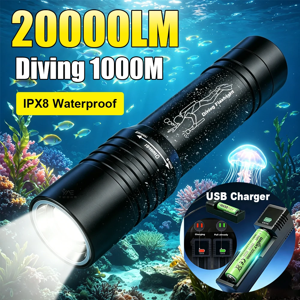 GRCKT Zoom Diving 1000M Underwater Flashlight Led Rechargeable Portable Professional Underwater Lantern IPX8 Waterproof Diving