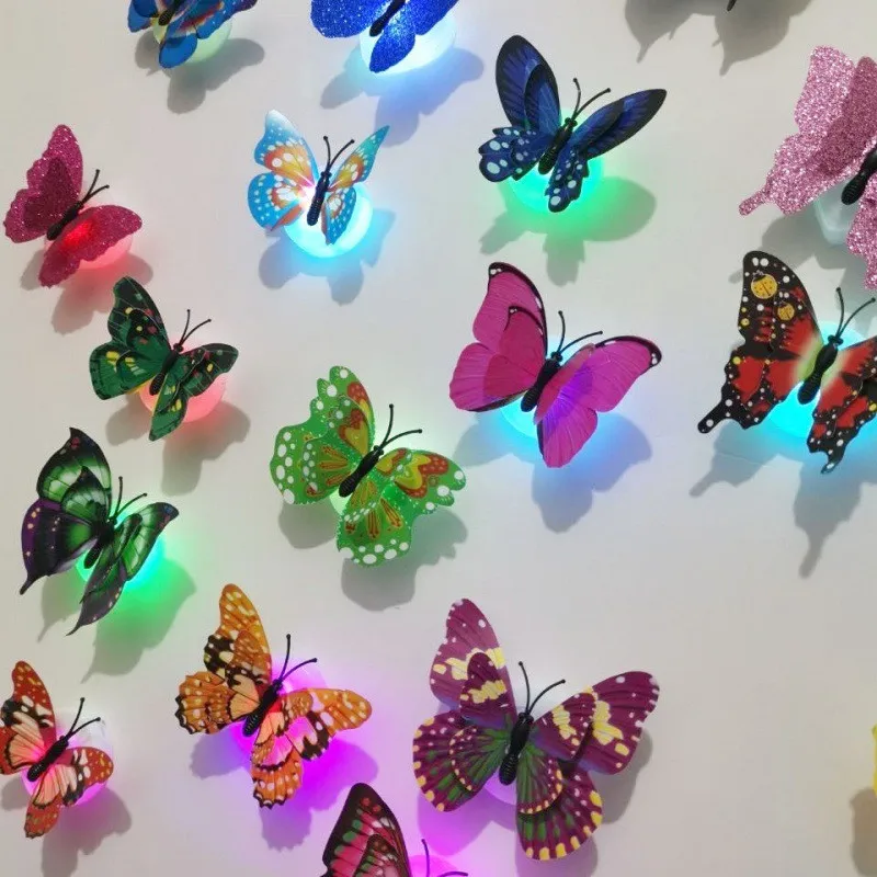 50Pcs LED Butterfly Light 3D Wall Sticker Night Light Luminous In Dark Adhesive Fridge Home Decor Gift Single Double Feather