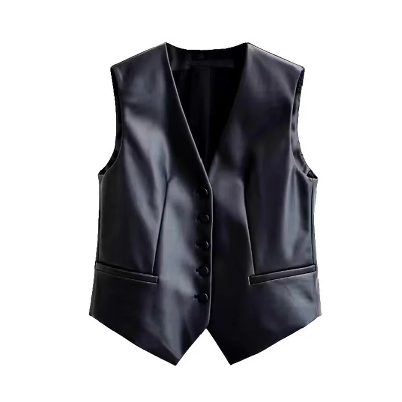 TELLHONEY Women Fashion V-Neck Single Breasted With Pockets Vest Female Casual Sleeveless Faux Leather Waistcoat