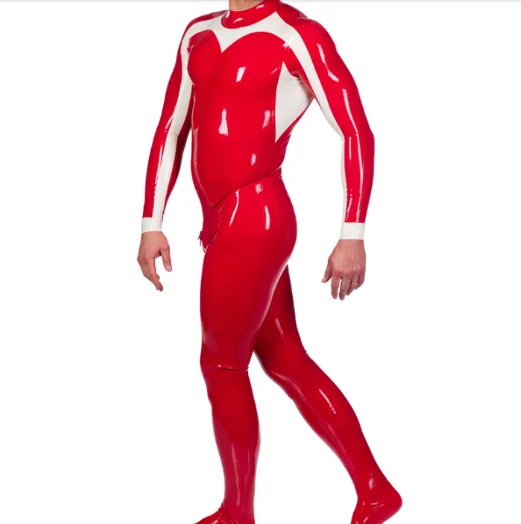 

Latex Gummmi Red and white stitched Jumpsuit racing suit role play party hand customized 0.4mm XS-XXL