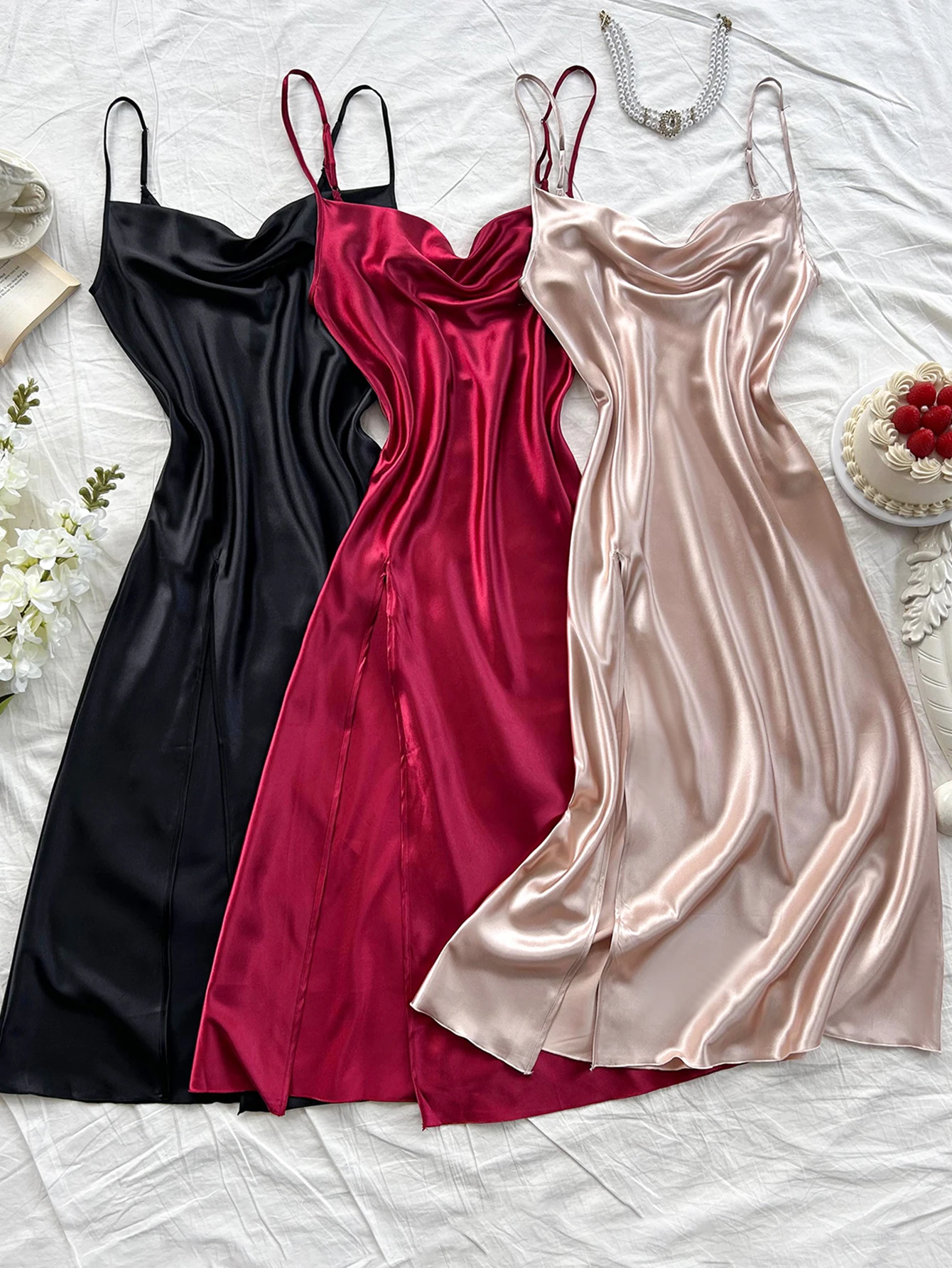 

New 3-piece set Women's elegant extended nightdress Sexy comfortable slip dress all season Women's pajamas