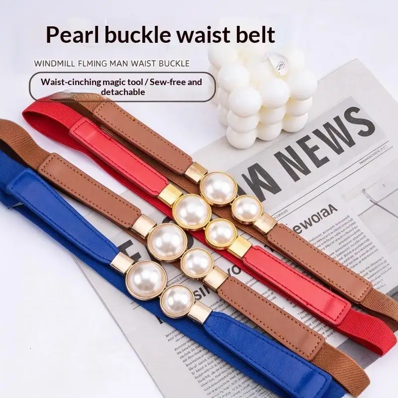 Elegant Double Pearls Buckle Elastic Women Belts Thin Straps Lady Girl Dress Skirt Decor Waistbands Trouser Dress Decoration