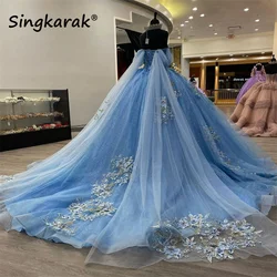 하늘색 멋진 공주 드레스, 달콤한 16 Quinceanera 꽃 아플리케 진주, 크리스탈 볼 가운, 15 Anos 맞춤형