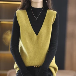 2022 Spring Autumn Women's 100% Pure Wool Knitted Vest Solid Loose Sweater Waistcoat Female Large Size Pullover Sleeveless Tops