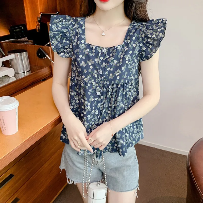 

French Floral Bubble Sleeve Summer Short 2024 Women's Square Collar Chiffon New Fashionable Casual Loose Sleeveless Shirt