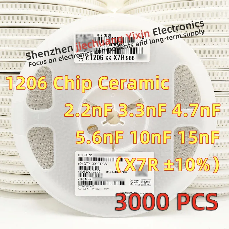1206 SMD Ceramic Capacitor 2.2NF 3.3NF 4.7NF 5.6NF 10NF 15NF 1000V 1KV ±10% X7R 3216 Capacitance 3000pcs