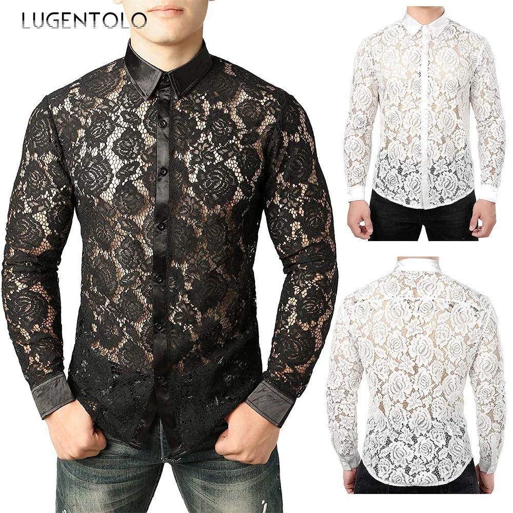 

Men Lace Shirts Medieval Retro Casual Perspective Long Sleeve Solid Elegant Classic Vintage Gentleman Clothing