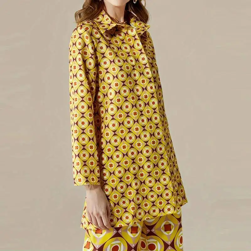 Elegante lapela botão topos conjuntos de pc moda padrão impressão commuter camisa roupas femininas manga casual longo calça terno