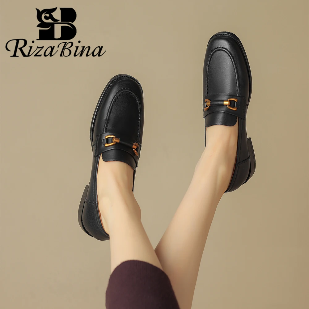 

RIZABINA Size 36-41 Women Penny Loafers Genuine Leather Round Toe Metal Chain Flats Ladies Slip-on Casual Daily Shoes Handmade