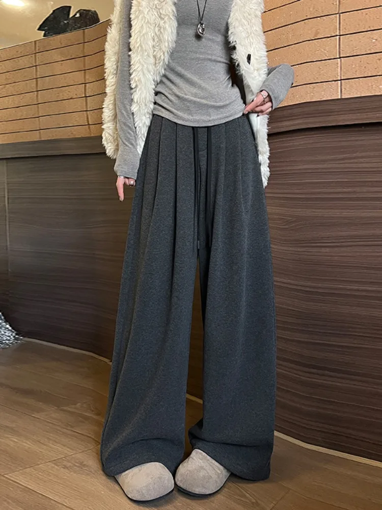 Deep ey Fce Lined Trousers Women's Autumn Winter 2025 New Sle Trendy Loose Wide Leg Pants Commute Sle  Color Hi...