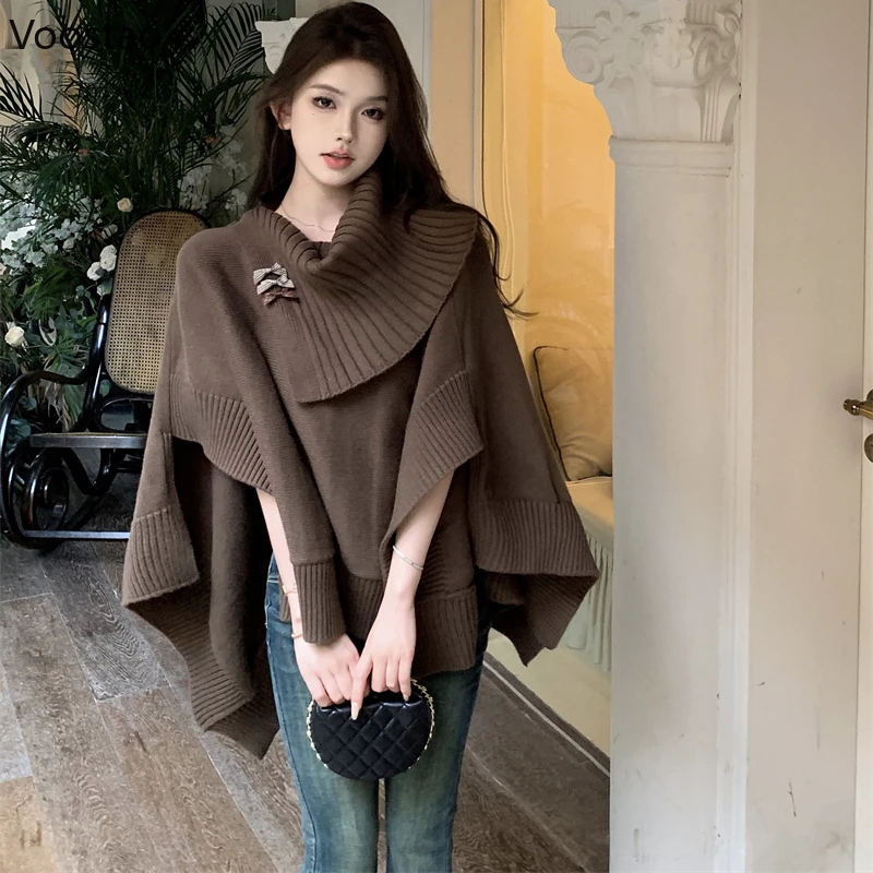 

Autumn Winter Elegant Women Cloak Sweater Women Sweet Bow Loose Knitted Pullovers Korean Female Irregular Knitwear Outerwear