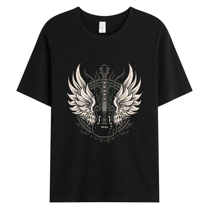

2025 New 100% Cotton Graphic T-Shirt For Men Oversize Guitar Wings Print Vintage Retro 80's Rock & Roll Music Tshirt O-neck