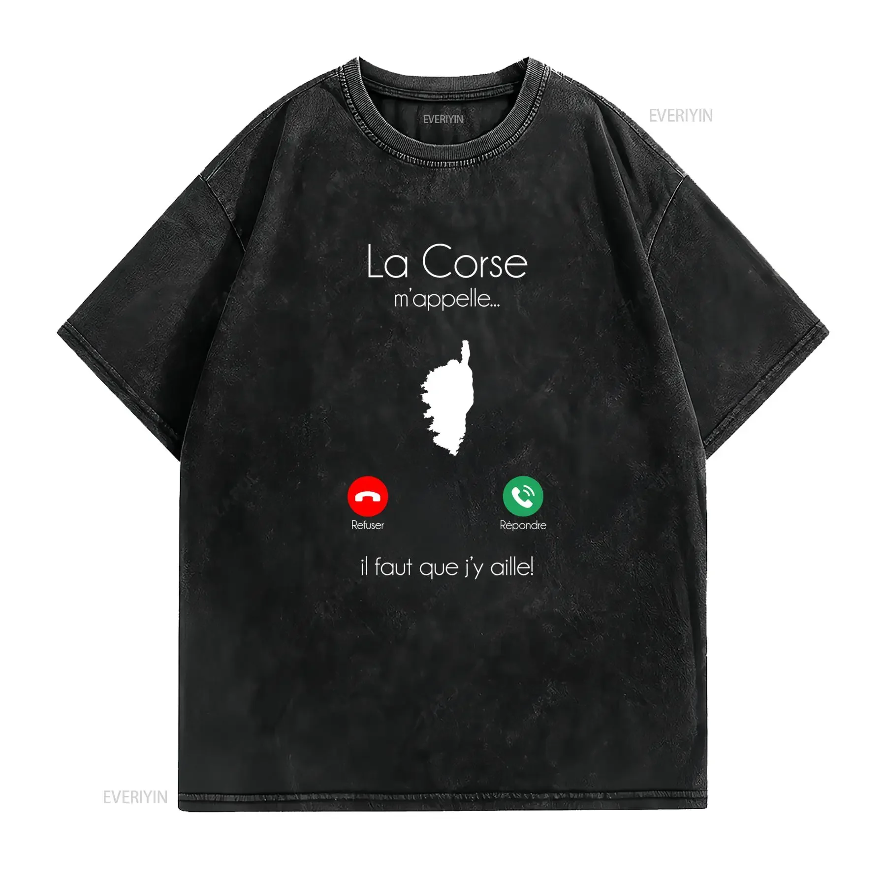 T Shirt Carte de la Corse Texte Français Dictons Corses au Dos Couleurs du Drapeau Méditerranéen Vert Rouge Col Rond vintage