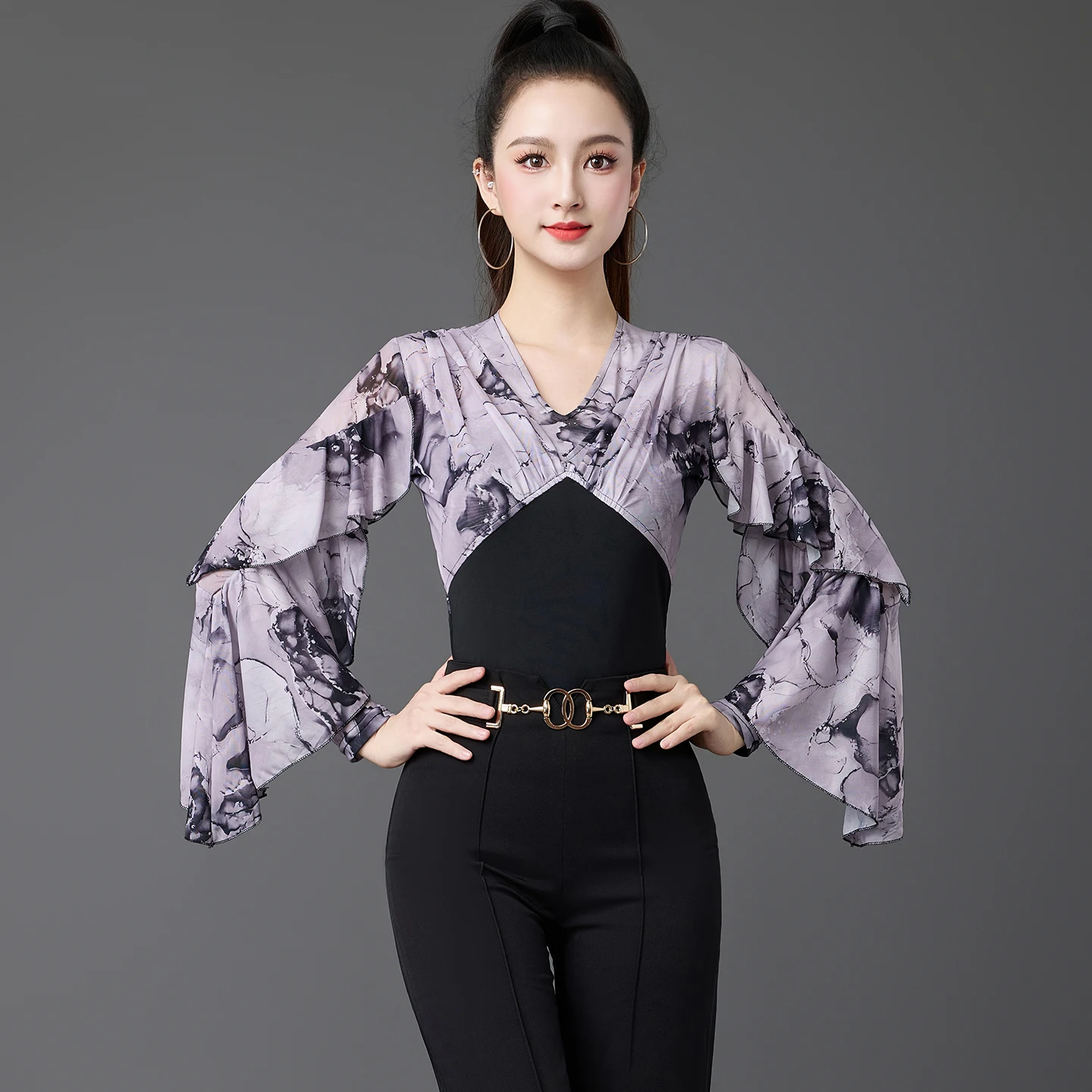 

2026 Новые топы для современных танцев для женщин, рубашки с длинными рукавами и принтом, платье для самбы, чачи, танго, костюмы для бальных танцев для взрослых XH3972