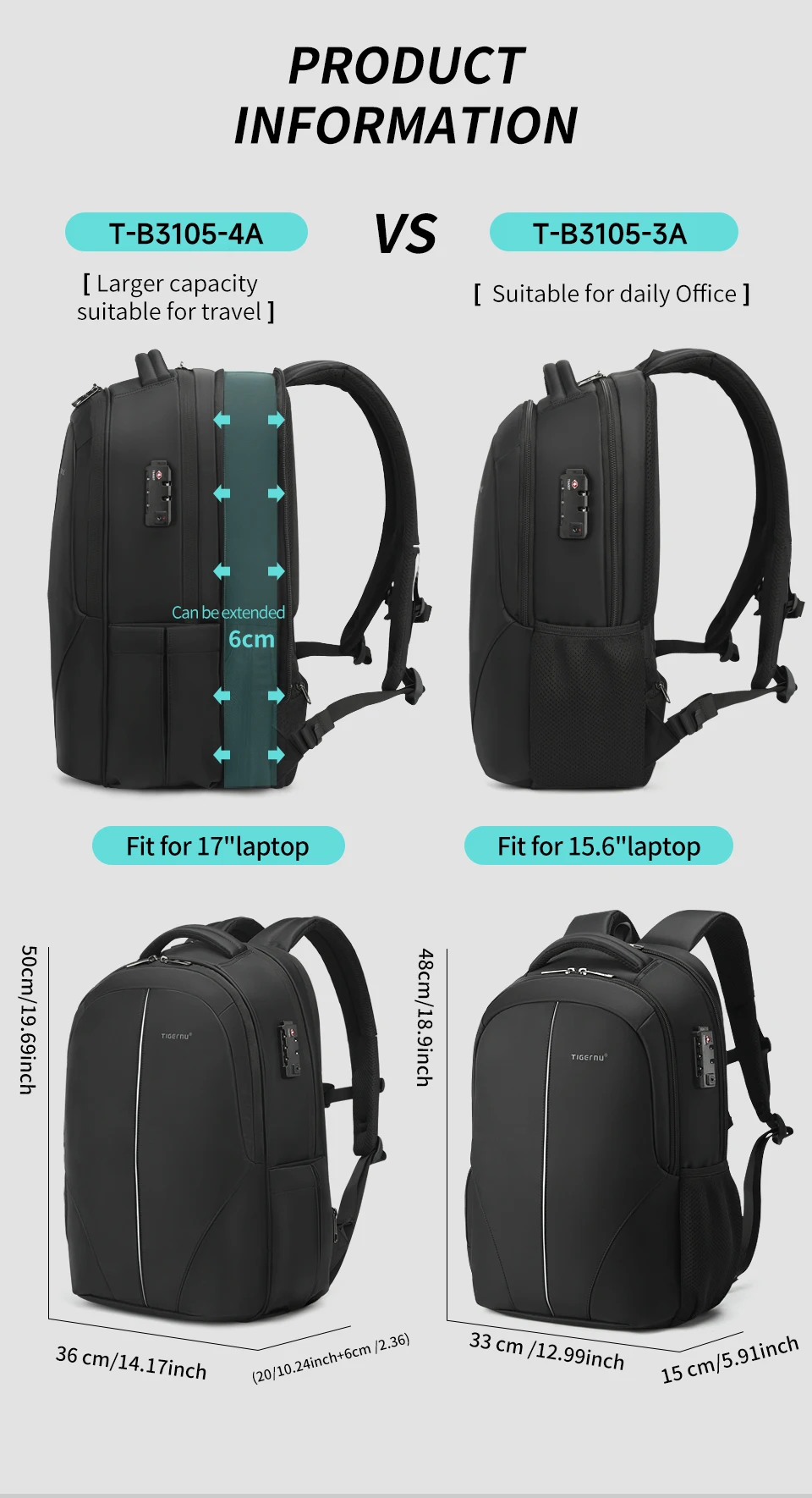 Tigernu Reiserucksäcke 14-15,6-17'' Laptop-Rucksack für Männer TSA Anti-Diebstahl-Rucksack Nylon-Rucksäcke Tasche für Schultasche Rucksack – Detail 6