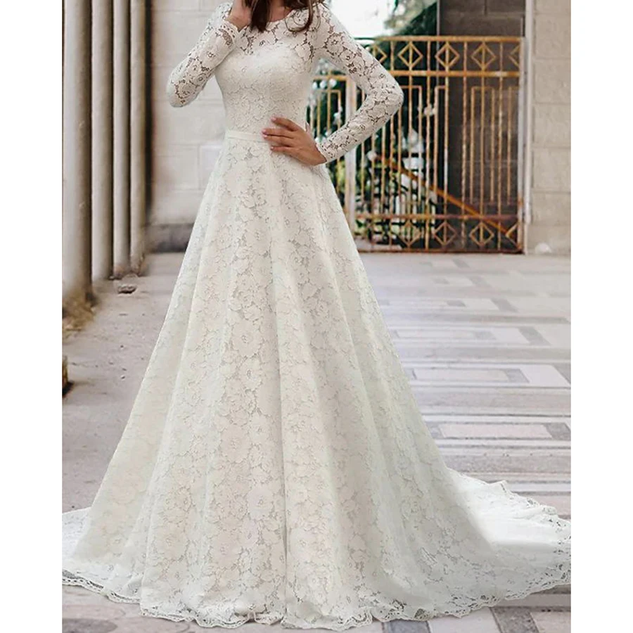 Romantic Wedding Dress Exquisite Big Lace Floor Length Sexy Illusion Full Sleeve Bridal Court Train A-Line Dresses For Women