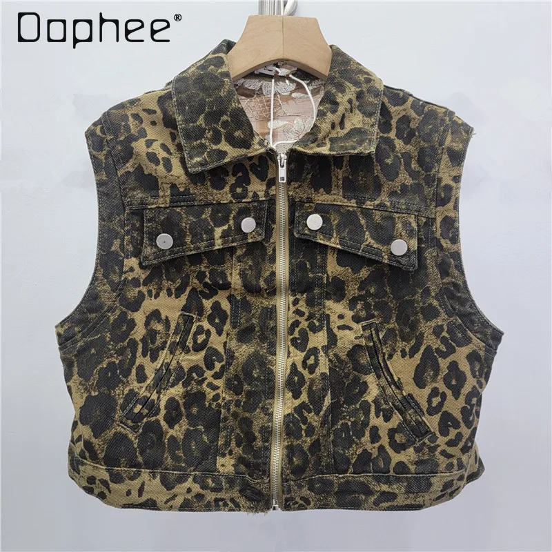 

Washed Vintage Printed Denim Vest with Lace Crochet Patchwork Sleeveless Short Waistcoat for Women Denim Vest